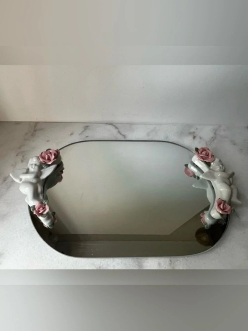 Decorative Mirror vanity tray with Pink Floral and cherubs Accents